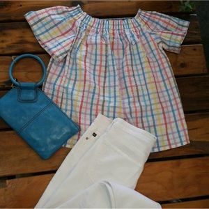 Trina Turk muti-color plaid off the shoulder top size M